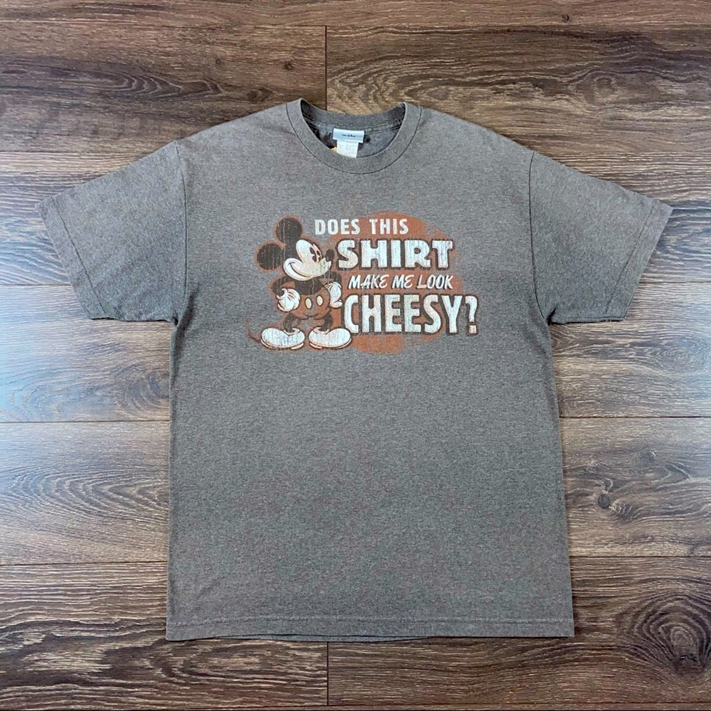 Walt Disney World Mickey Mouse Does This Shirt Make Me Look Cheesy? Brown Shirt